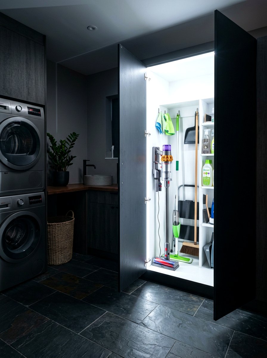 Smart LED Lit Broom Cabinet - 30 tall broom cabinet ideas