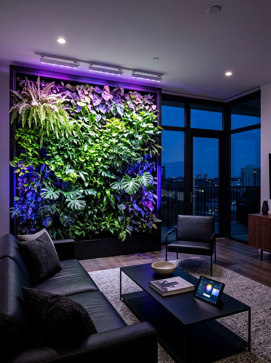 Smart Lighting Plant Wall - 30 living room plant wall ideas