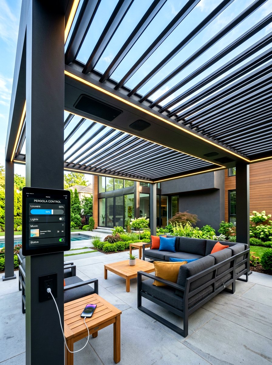 Smart home controlled louvered pergola - 30 louvered pergola ideas