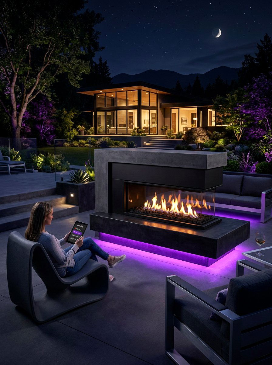 Smart tech outdoor fireplace - 30 patio fireplace lounge ideas