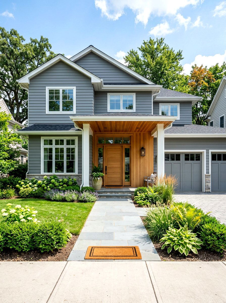 Smoke Gray Siding With Natural Oak Entry - 30 gray house exterior ideas