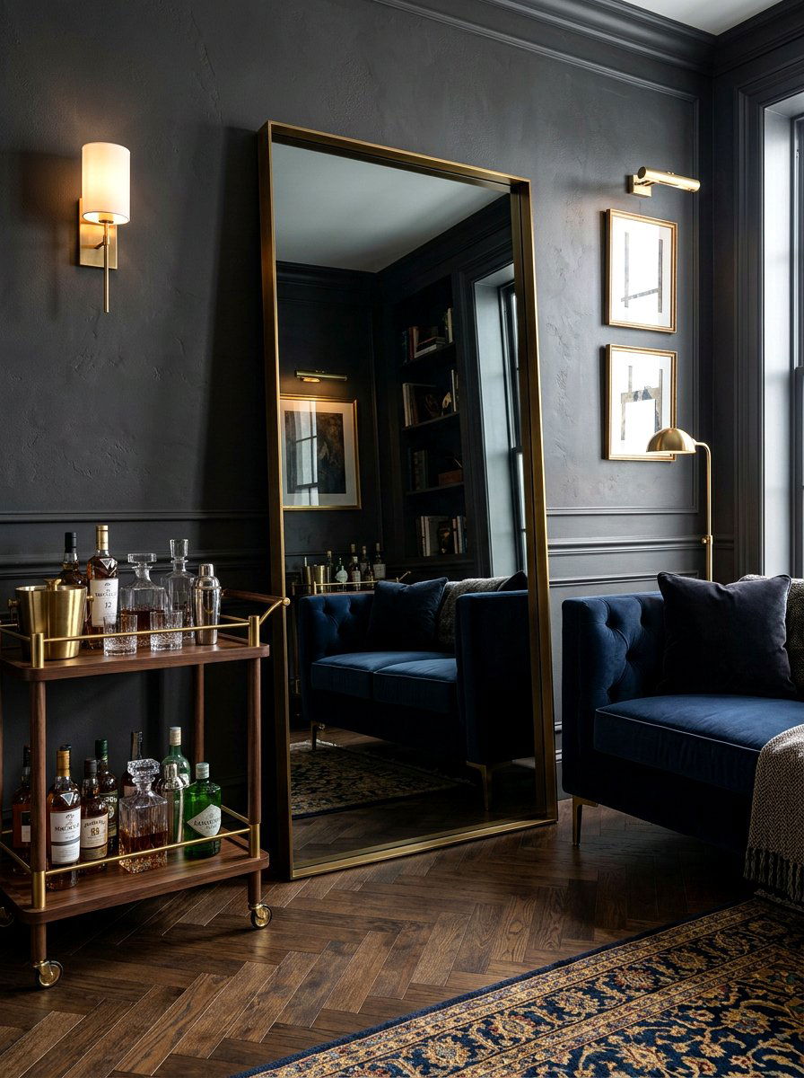 Smoked Glass Leaner Mirror Moody Lounge - 30 oversized mirror leaning wall ideas