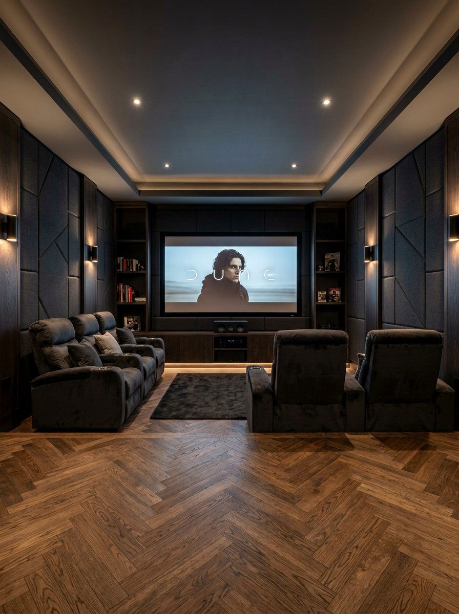Smoked Oak Herringbone Media Room - 30 herringbone floor ideas