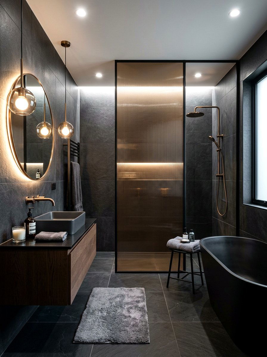 Smoked ribbed glass shower panel - 30 ribbed glass shower ideas