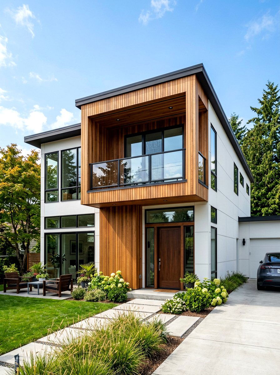 Smooth Fiber Cement Panels With Wood Siding - 30 mixed siding exterior ideas