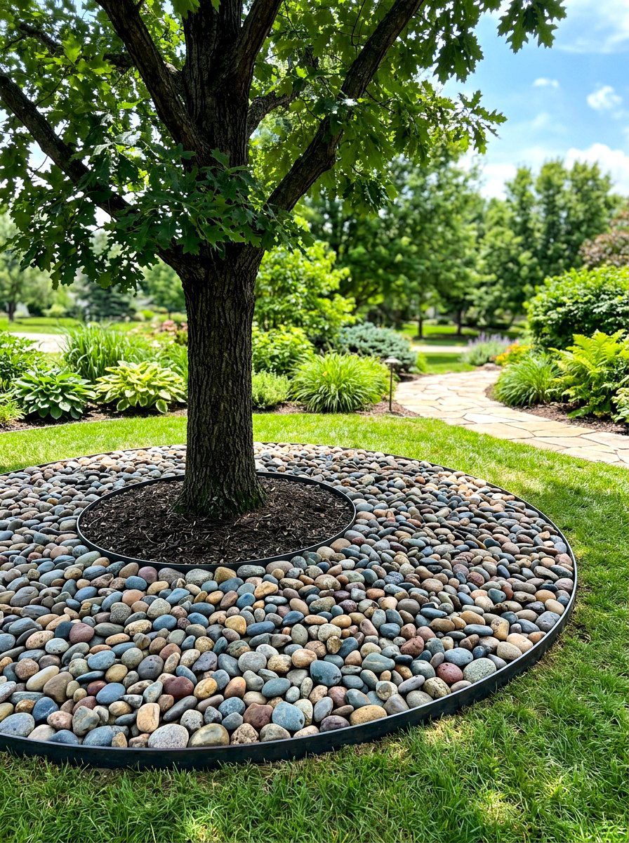 Smooth River Rock Ring - 30 tree border landscaping ideas