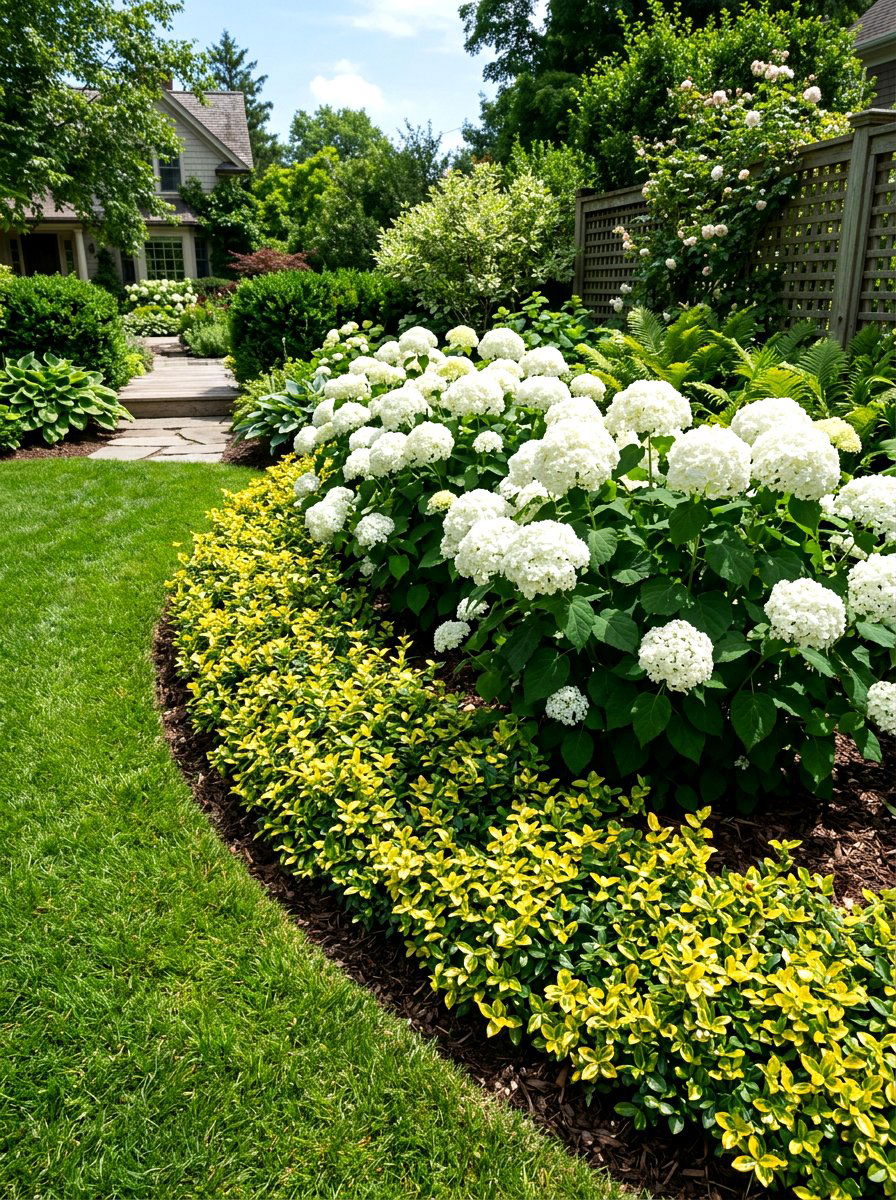 Smooth hydrangea and wintercreeper edge - 30 evergreen and hydrangea landscape ideas