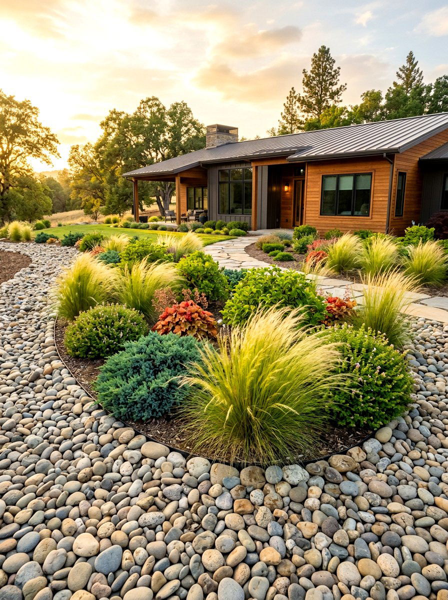 Smooth river rock flower bed - 30 stone edging front yard ideas