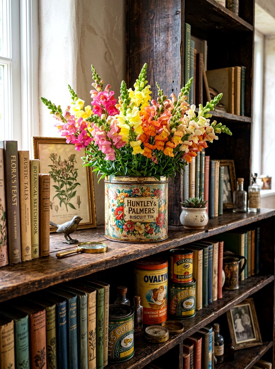 Snapdragons in repurposed tin - 30 market bouquet decor ideas