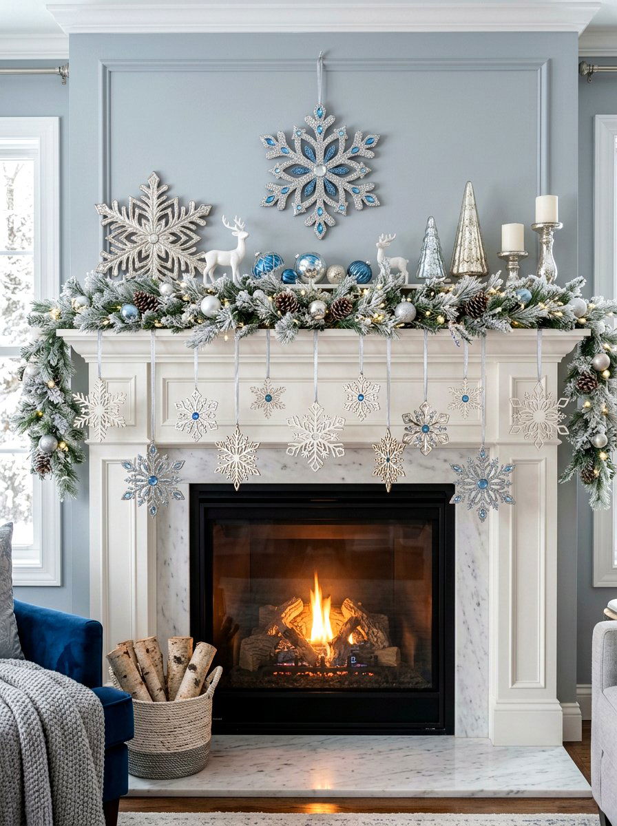 Snowflake Mantel - 30 holiday mantel garland ideas