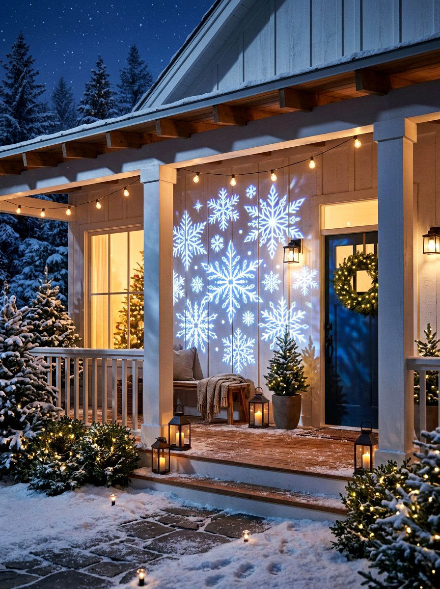 Snowflake window projection - 30 front porch winter glow ideas