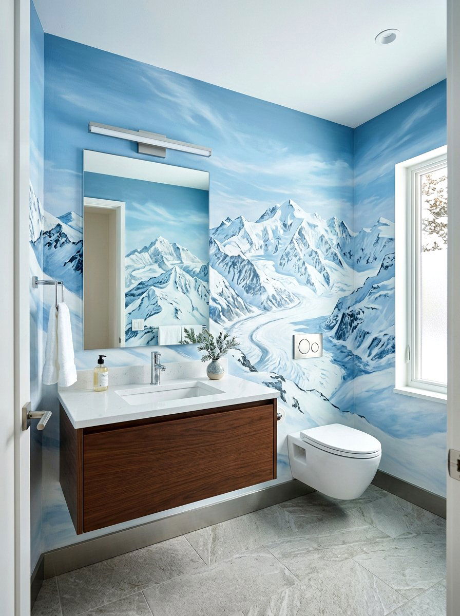 Snowy Mountain Peak Mural - 30 landscape mural powder room ideas