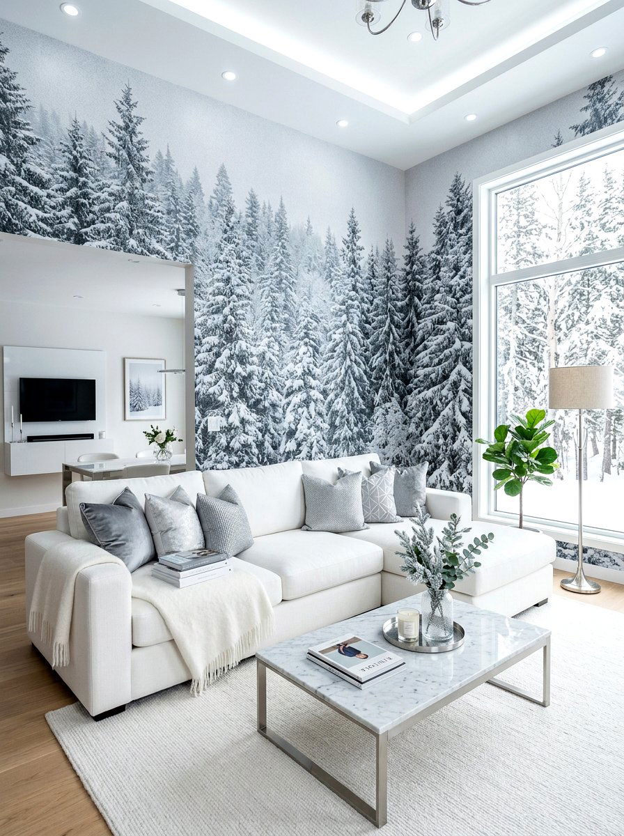 Snowy Pine Forest Wallpaper - 30 landscape mural wall ideas