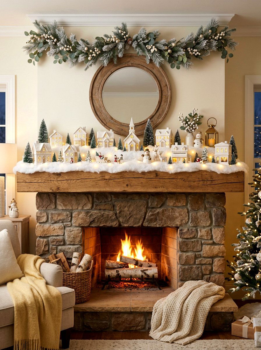 Snowy Village Mantel - 30 winter mantel decor ideas