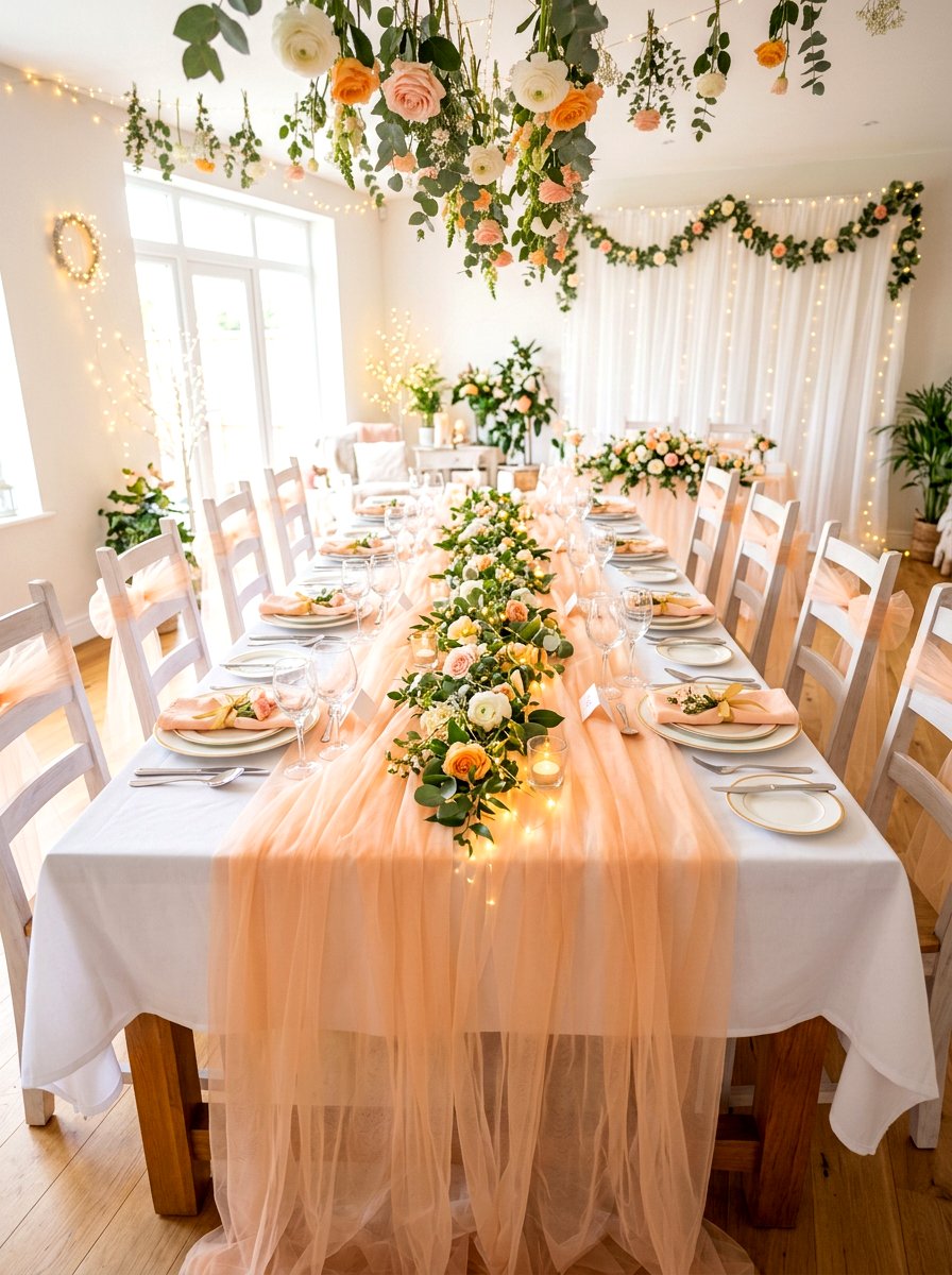 Soft Apricot Tulle Overlay - 30 apricot table decor ideas