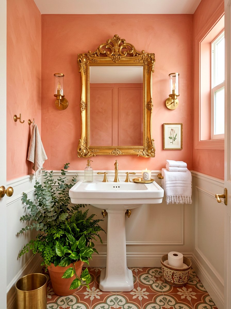 Soft Coral Powder Room - 30 coral bathroom decor ideas