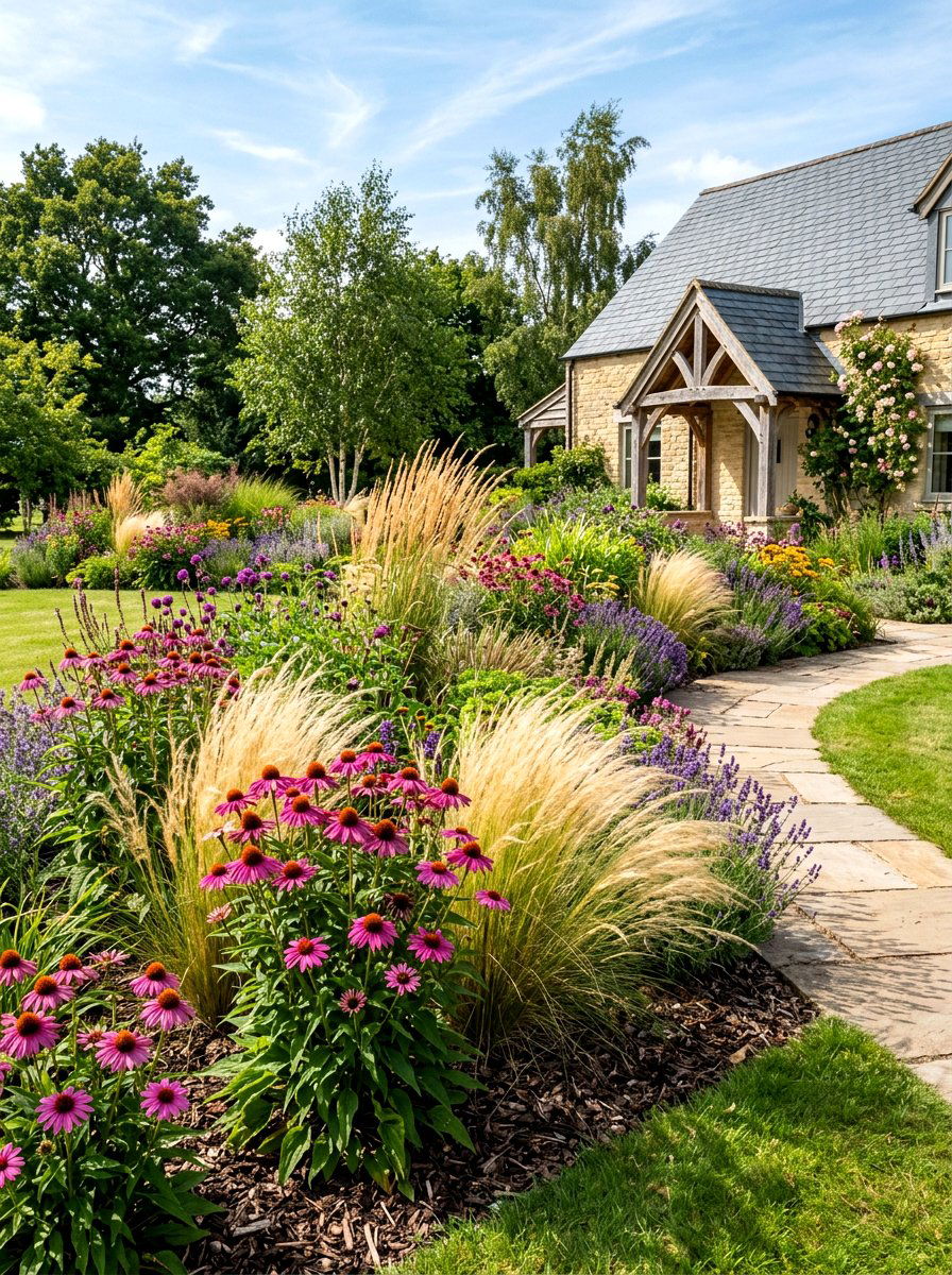Soft Grass Floral Bed - 30 cottage flower bed ideas