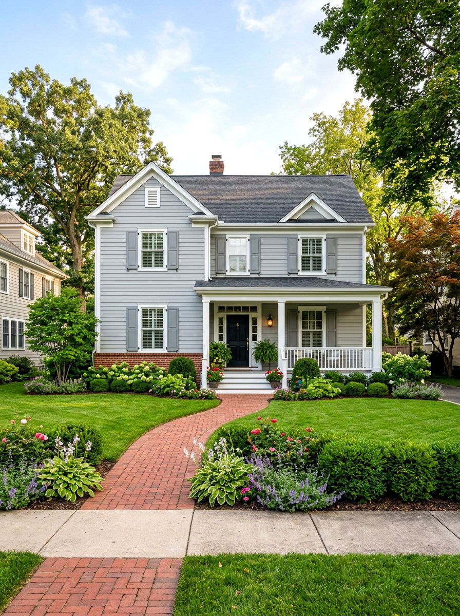 Soft Gray Traditional With Brick Foundation - 30 gray house exterior ideas