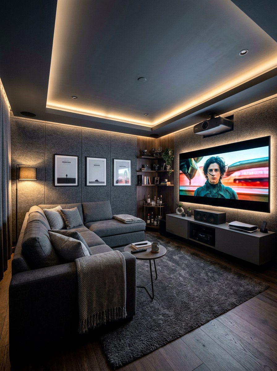 Soft Grey Media Room - 30 neutral home decor ideas