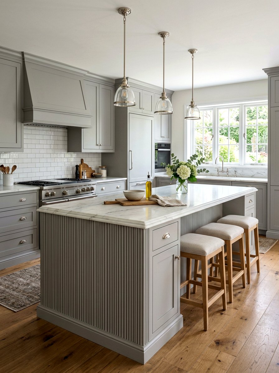 Soft Grey Reeded Kitchen Island - 30 reeded kitchen island ideas