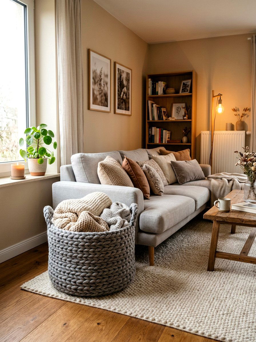 Soft Knitted Rope Basket - 30 living room blanket basket ideas