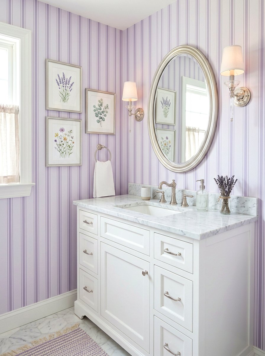 Soft Lavender Striped Powder Room - 30 striped bathroom wallpaper ideas