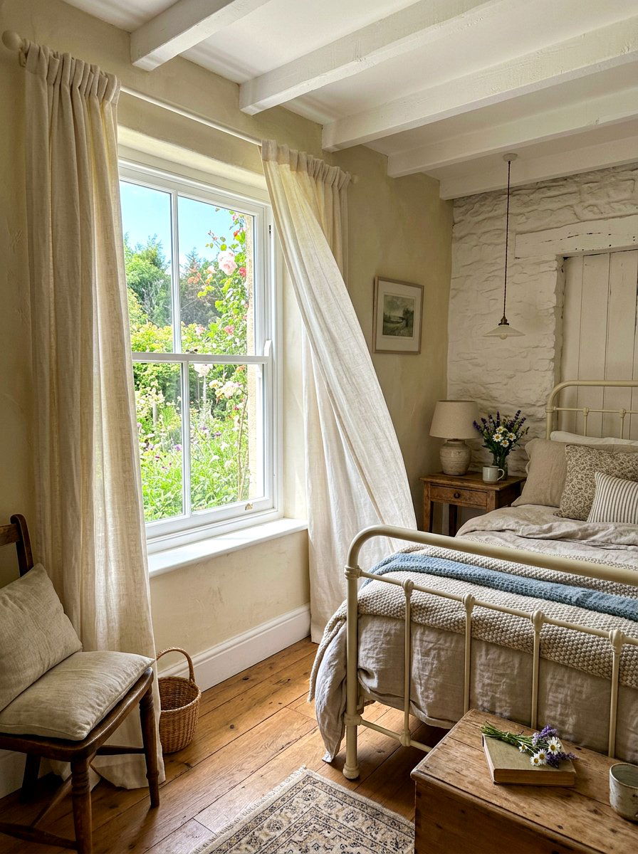 Soft Linen Curtains - 30 tiny cottage bedroom ideas