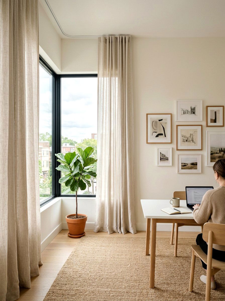 Soft Linen Window Curtains - 30 calm neutral office ideas