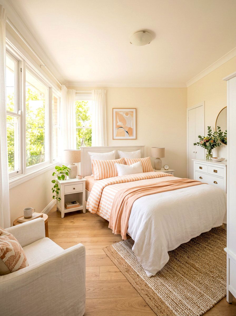 Soft Peach Striped Bedspread - 30 candy stripe bedroom ideas
