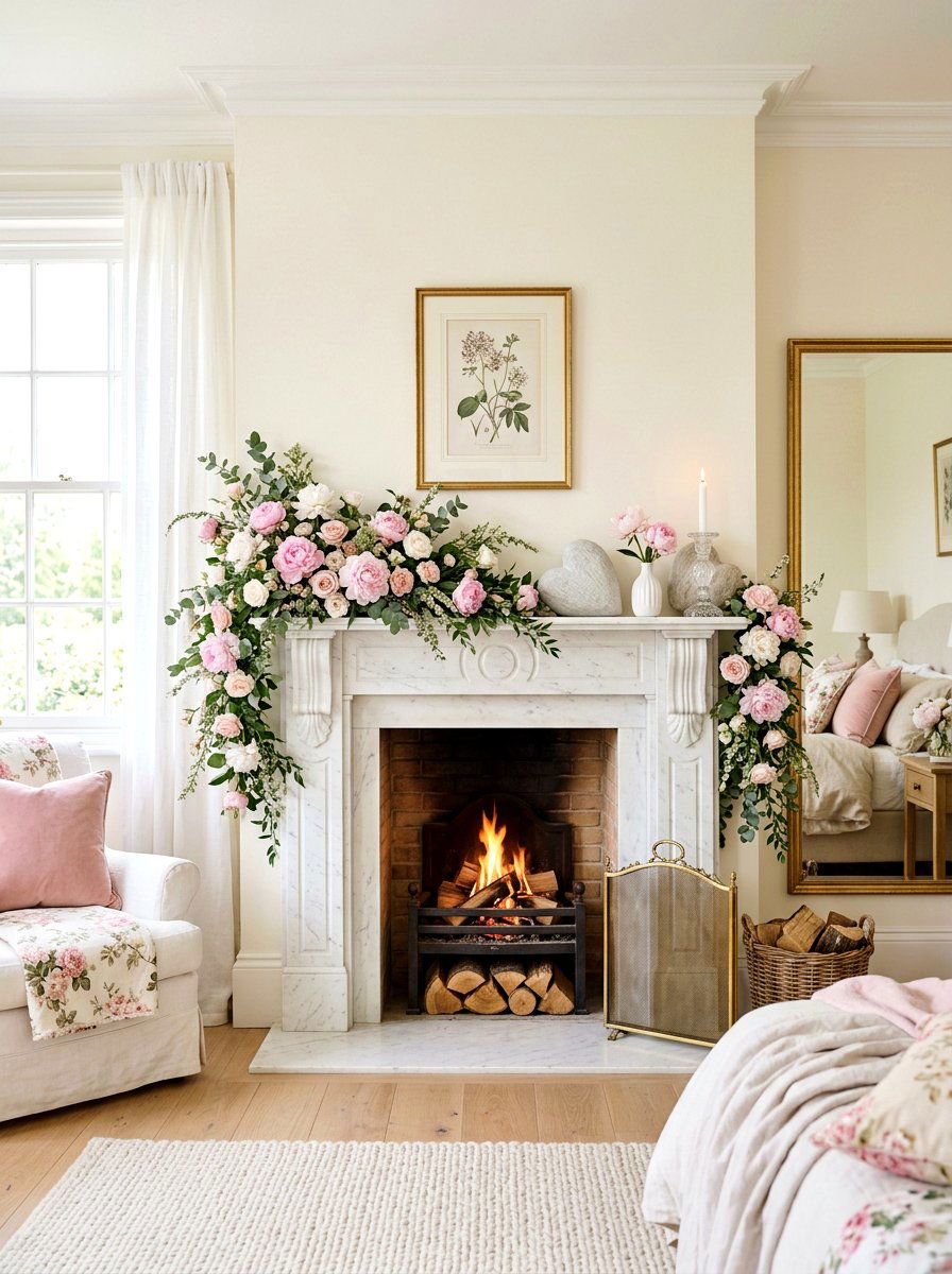 Soft Pink Peony Garland Mantel - 30 Valentine mantel ideas