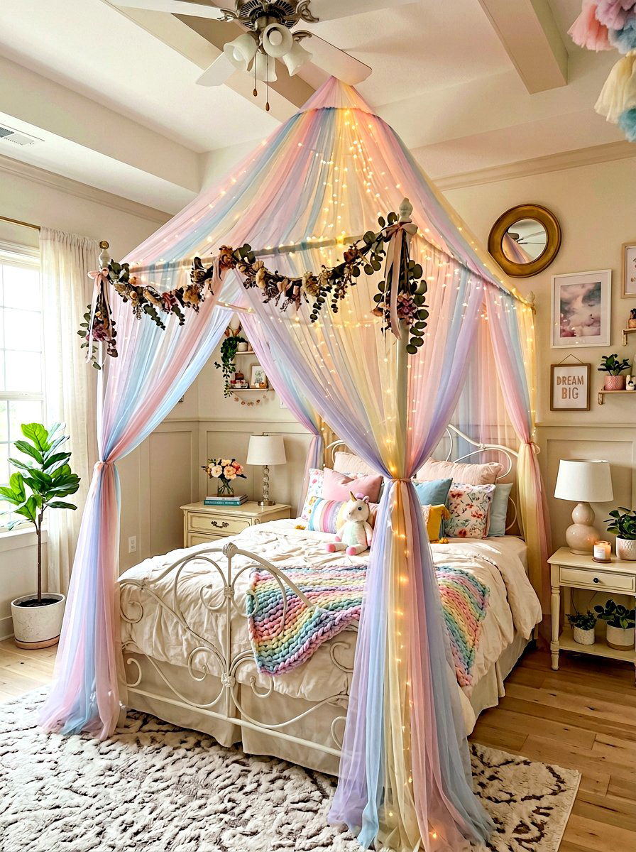 Soft Rainbow Canopy Bed - 30 muted rainbow bedroom ideas