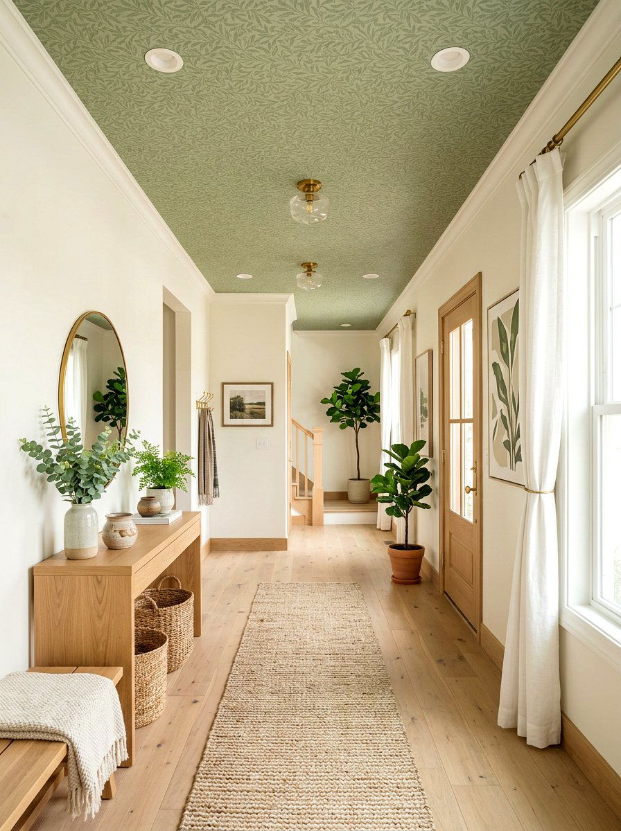 Soft Sage Green Entryway - 30 wallpapered foyer ceiling ideas