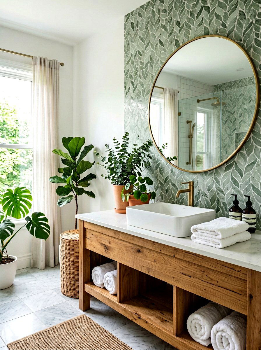 Soft Sage Green Leaf Mosaic - 30 marble mosaic bathroom ideas