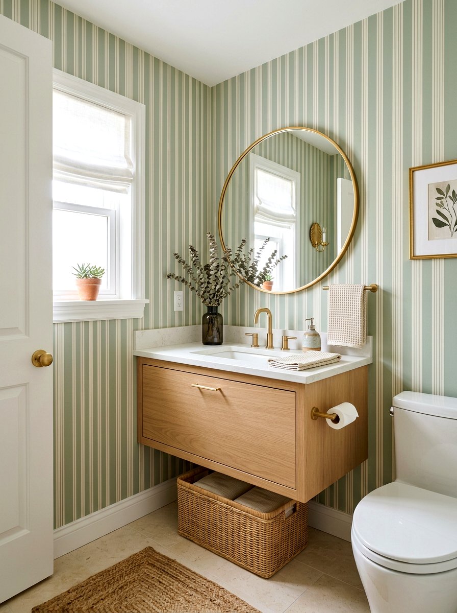 Soft Sage Green Pinstripe Wall - 30 stripe powder bath ideas