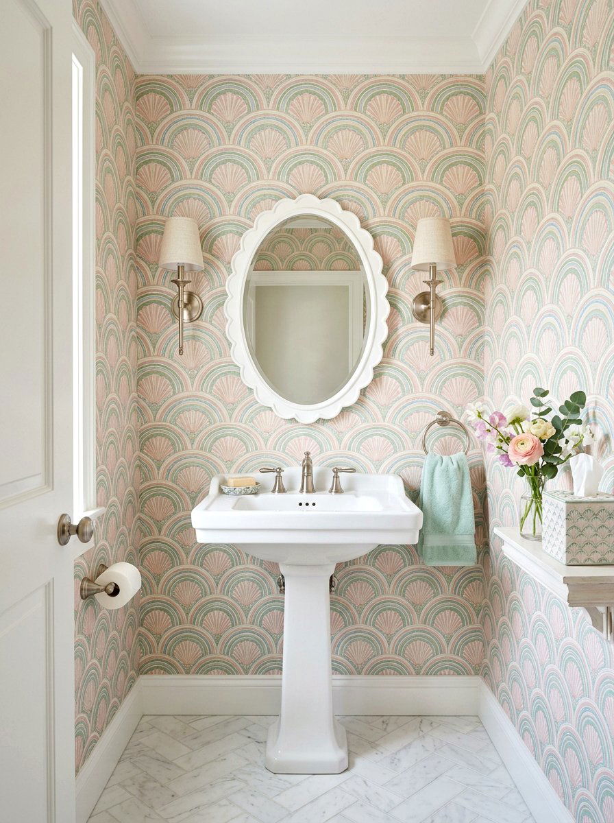 Soft Scallop Wallpaper - 30 wallpapered powder room ideas