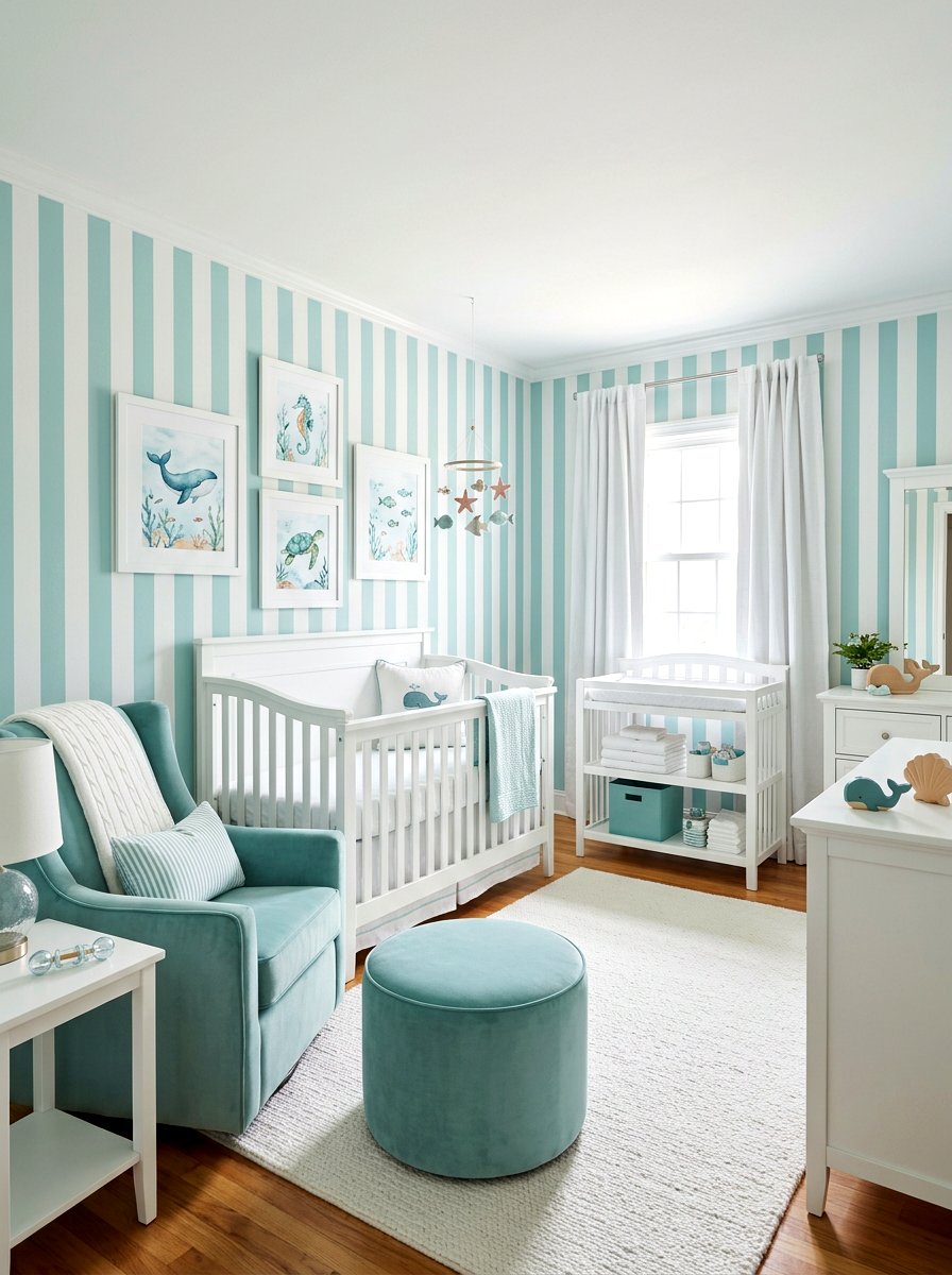 Soft Teal Vertical Stripe Nursery - 30 stripe nursery wallpaper ideas