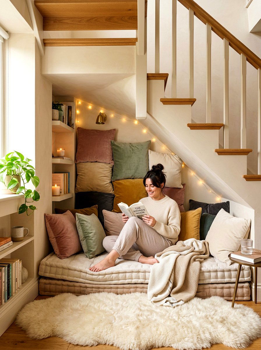 Soft Textile Reading Zone - 30 under stairs reading nook ideas