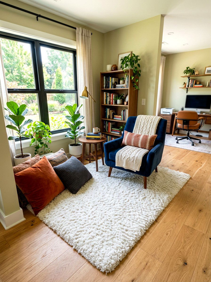 Soft Textured Area Rug Nook - 30 office reading corner ideas