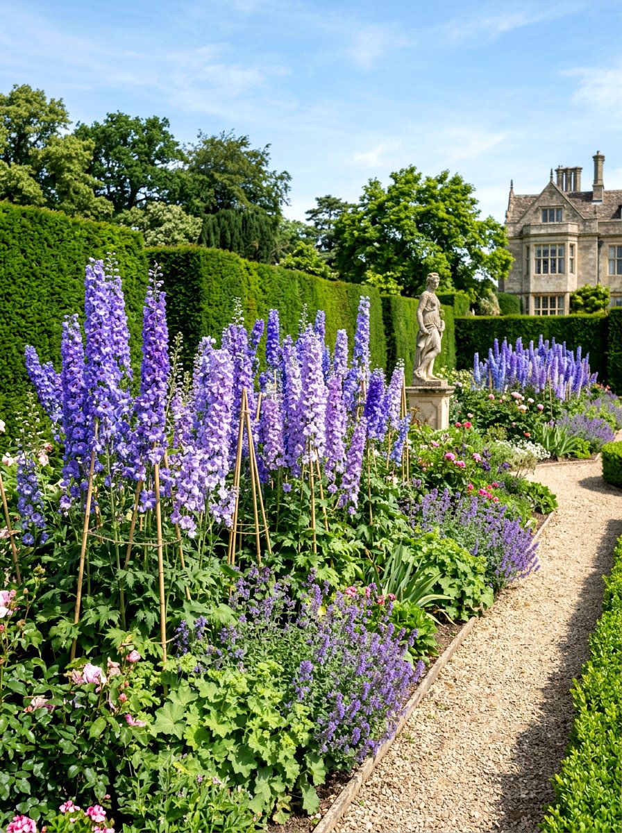 Soft Violet Delphinium Border - 30 pastel flower bed ideas