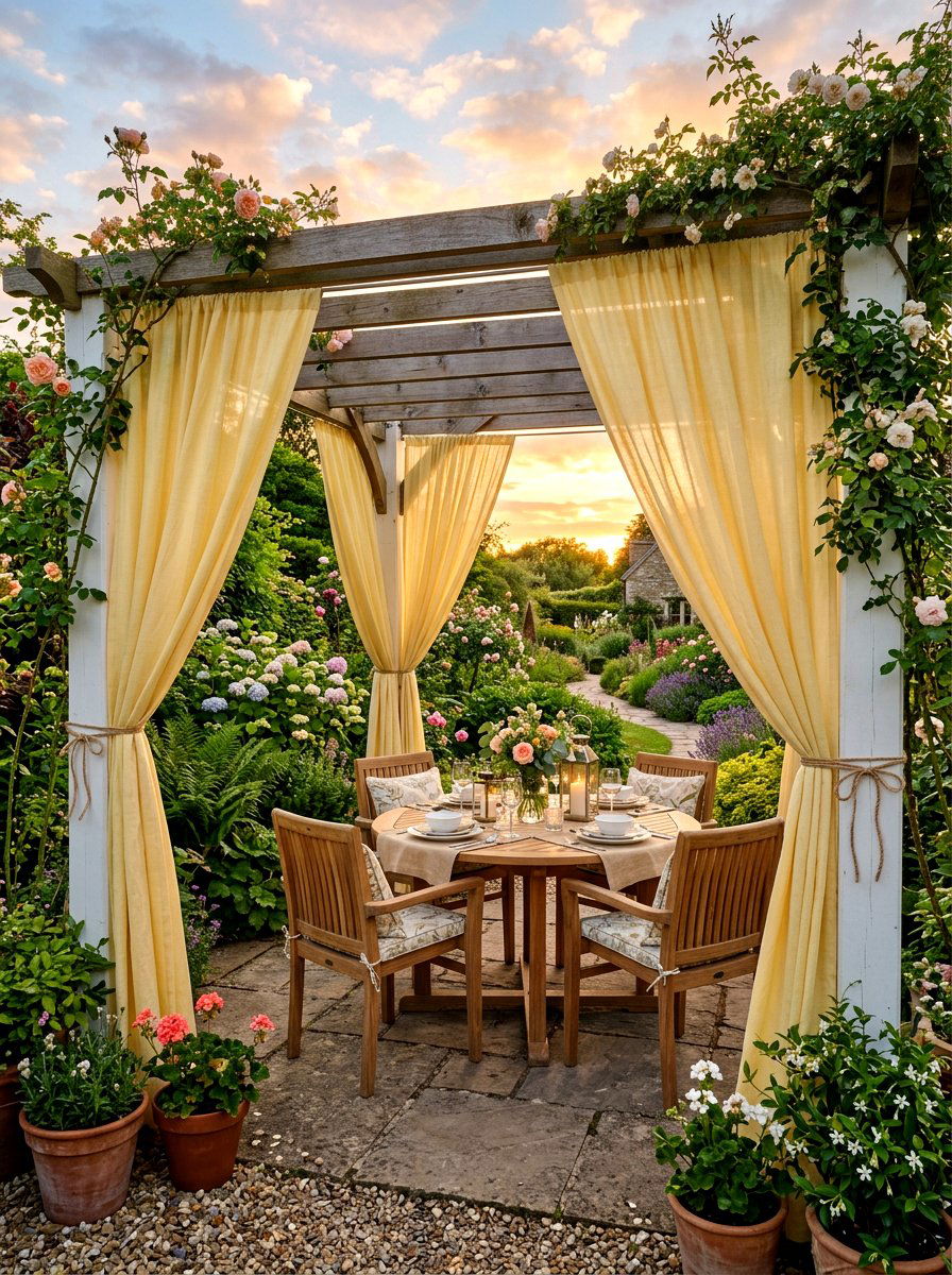 Soft Yellow Pergola Drapes - 30 butter yellow patio decor ideas