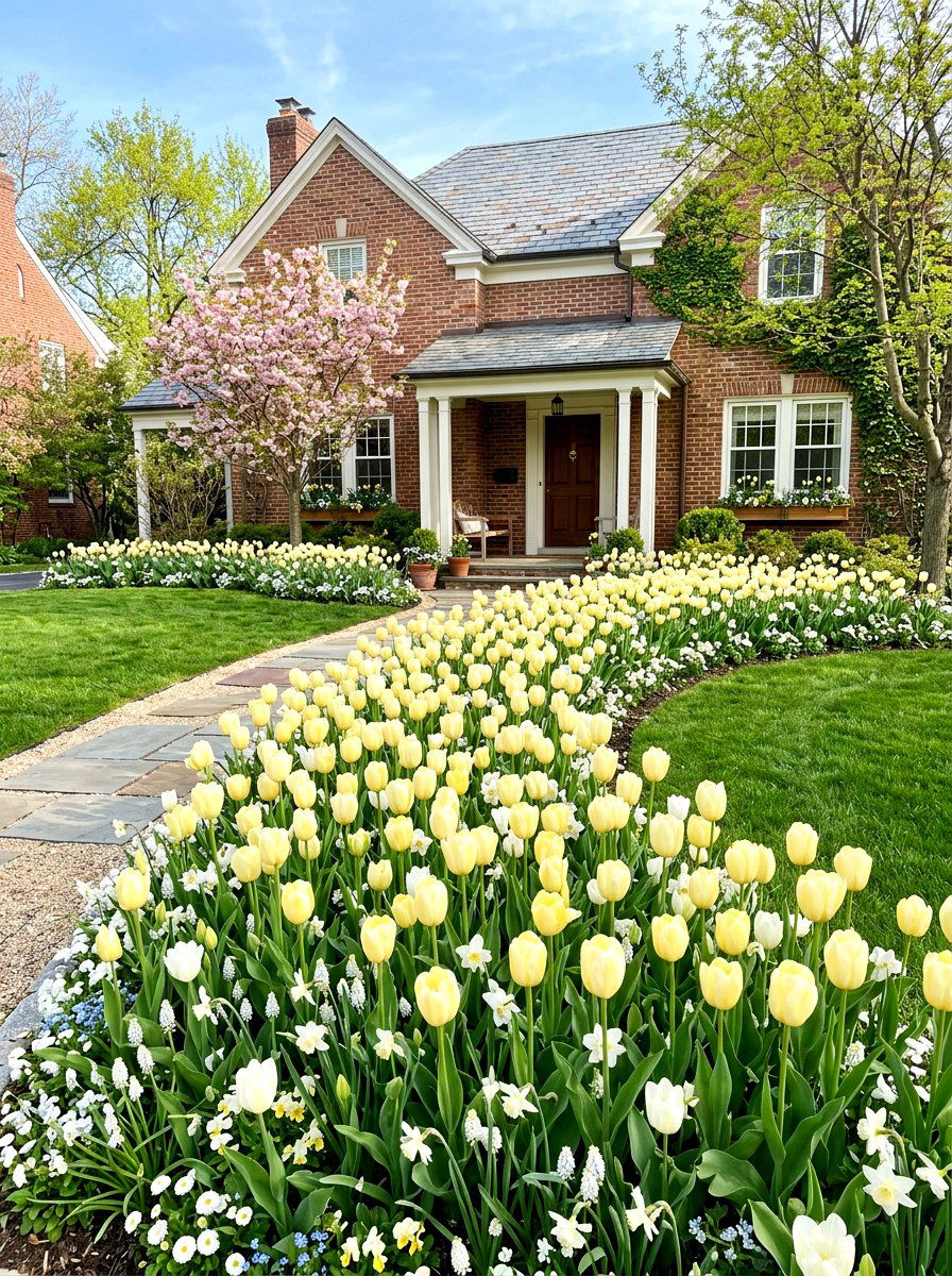 Soft Yellow Tulip Display - 30 pastel flower bed ideas