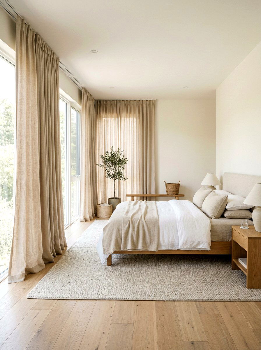 Soft beige linen curtains - 30 earthy bedroom ideas