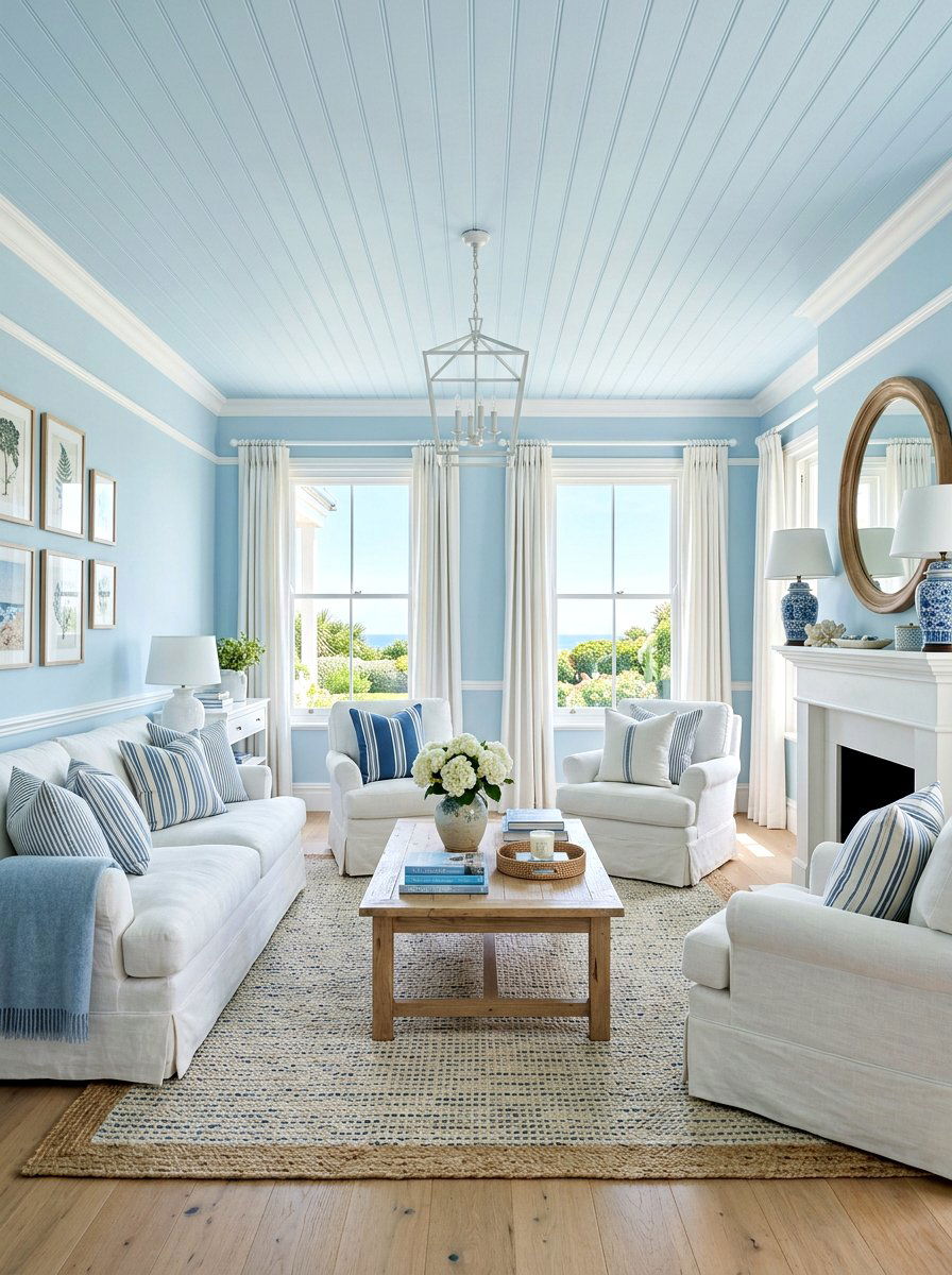 Soft blue living room - 30 color drench living room ideas