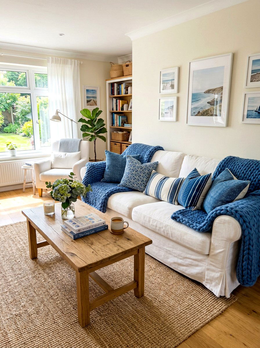 Soft blue throw blankets - 30 blue and white living room decor ideas
