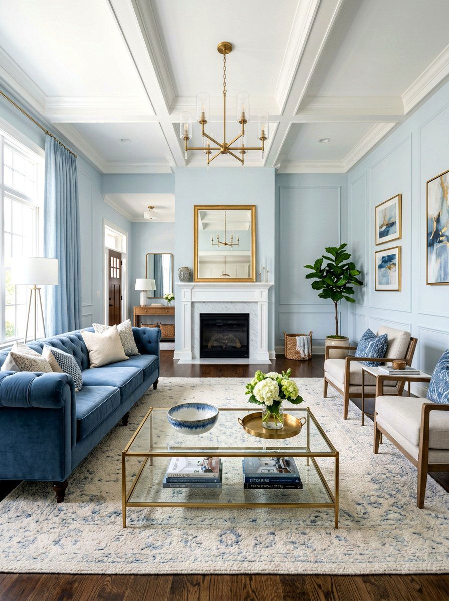 Soft blue transitional living room - 30 soft blue living room ideas