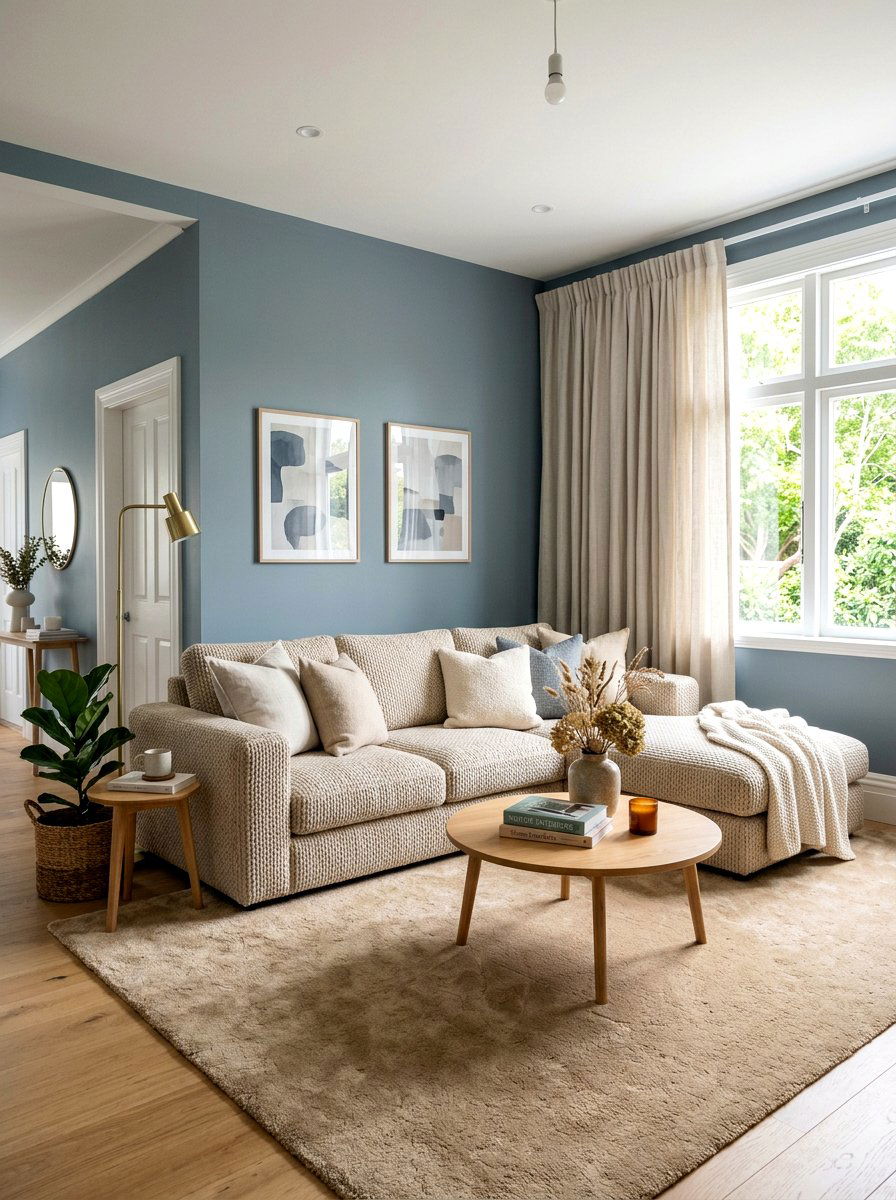 Soft blue walls beige sofa - 30 blue and beige living room ideas