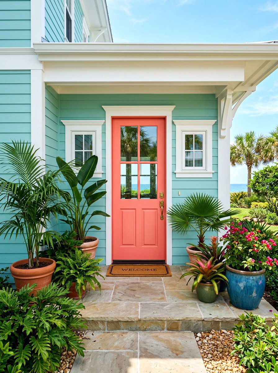 Soft coral front door - 30 front door color ideas