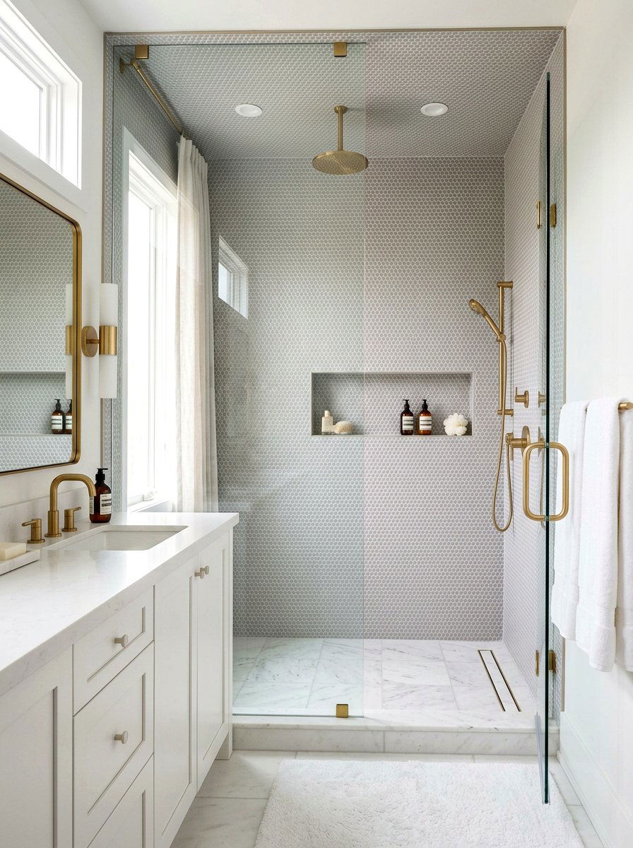 Soft gray penny tile - 30 penny tile bathroom ideas