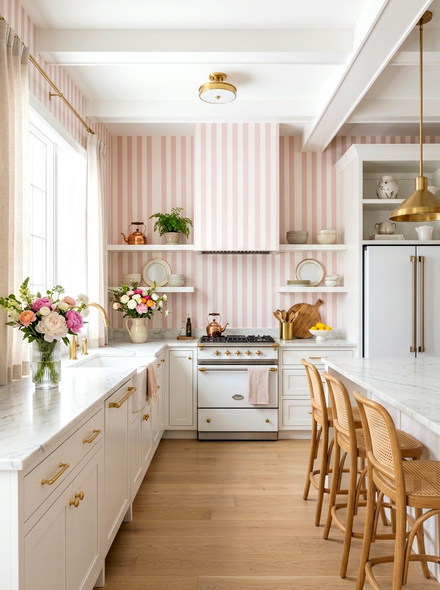 Soft pink and white striped kitchen - 30 striped kitchen wallpaper ideas