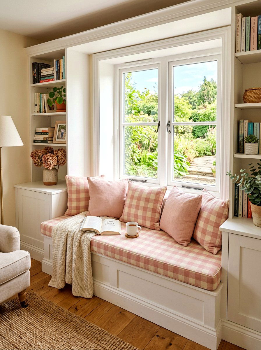 Soft pink checkered window seat - 30 bright checkerboard decor ideas